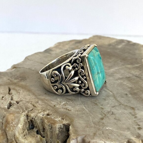 BARSE Sterling Silver 925 Heavy Chunky Scrollwork Turquoise Cabochon Ring Sz 8.5 - Picture 11 of 16